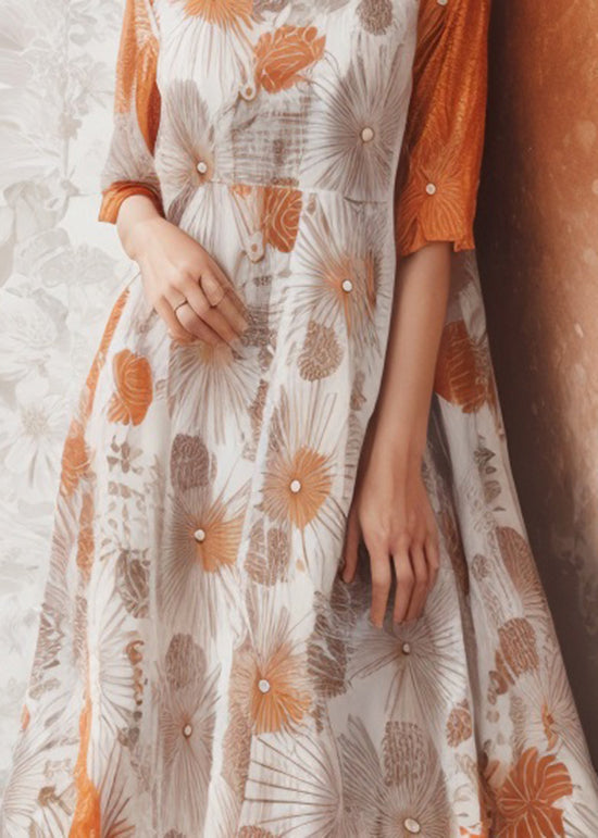 Classy Orange U Neck Print Silk Dress Summer