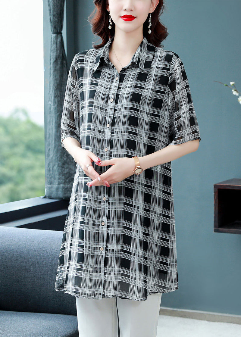 Classy Peter Pan Collar Button Wrinkled Plaid Chiffon Blouses Half Sleeve