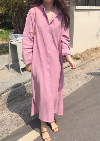 Classy Pink Button Side Open Cotton Shirt Long Dress Spring