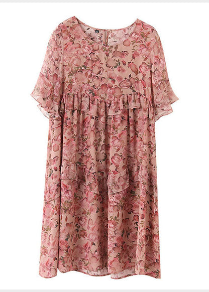 Classy Pink O-neck Ruffles Patchwork Print Silk Dresses Petal Sleeve