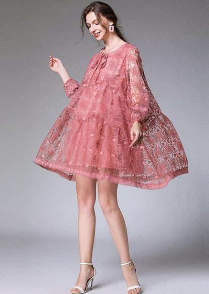 Classy Pink Spring Lace Party Dress Long Sleeve