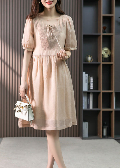Classy Pink O-neck Embroideried Linen Maxi Dresses Summer