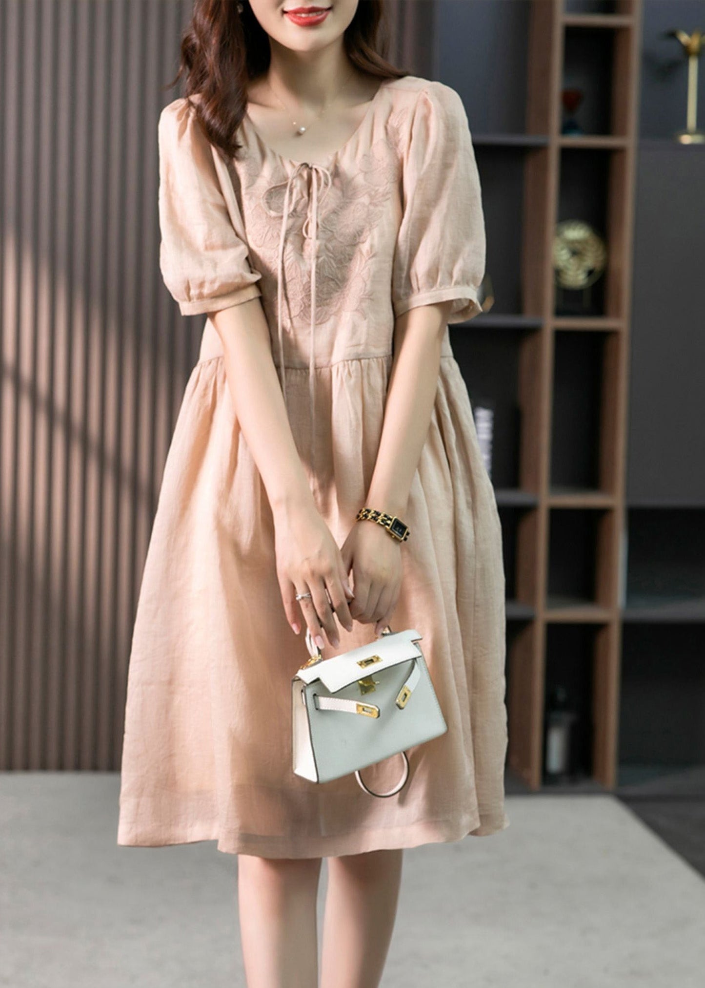 Classy Pink O-neck Embroideried Linen Maxi Dresses Summer
