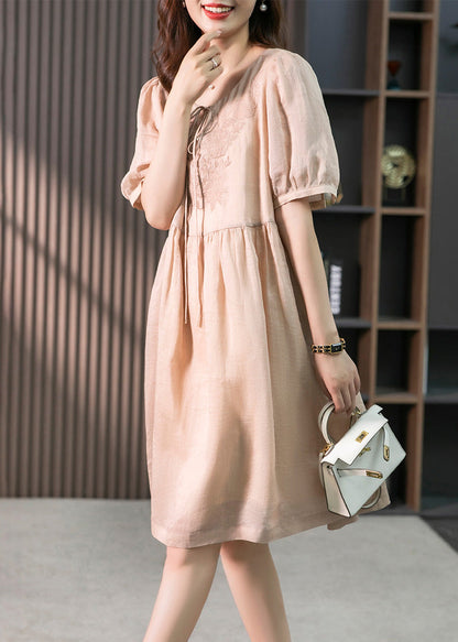 Classy Pink O-neck Embroideried Linen Maxi Dresses Summer