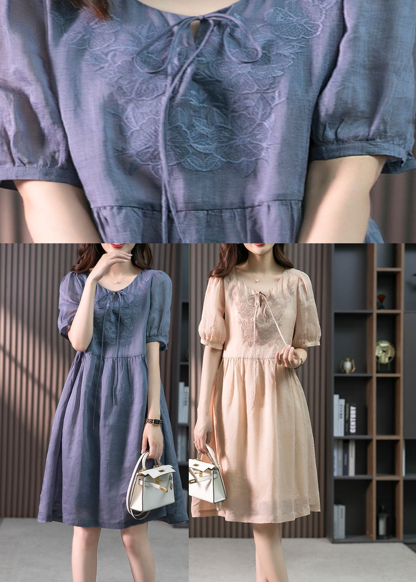 Classy Pink O-neck Embroideried Linen Maxi Dresses Summer