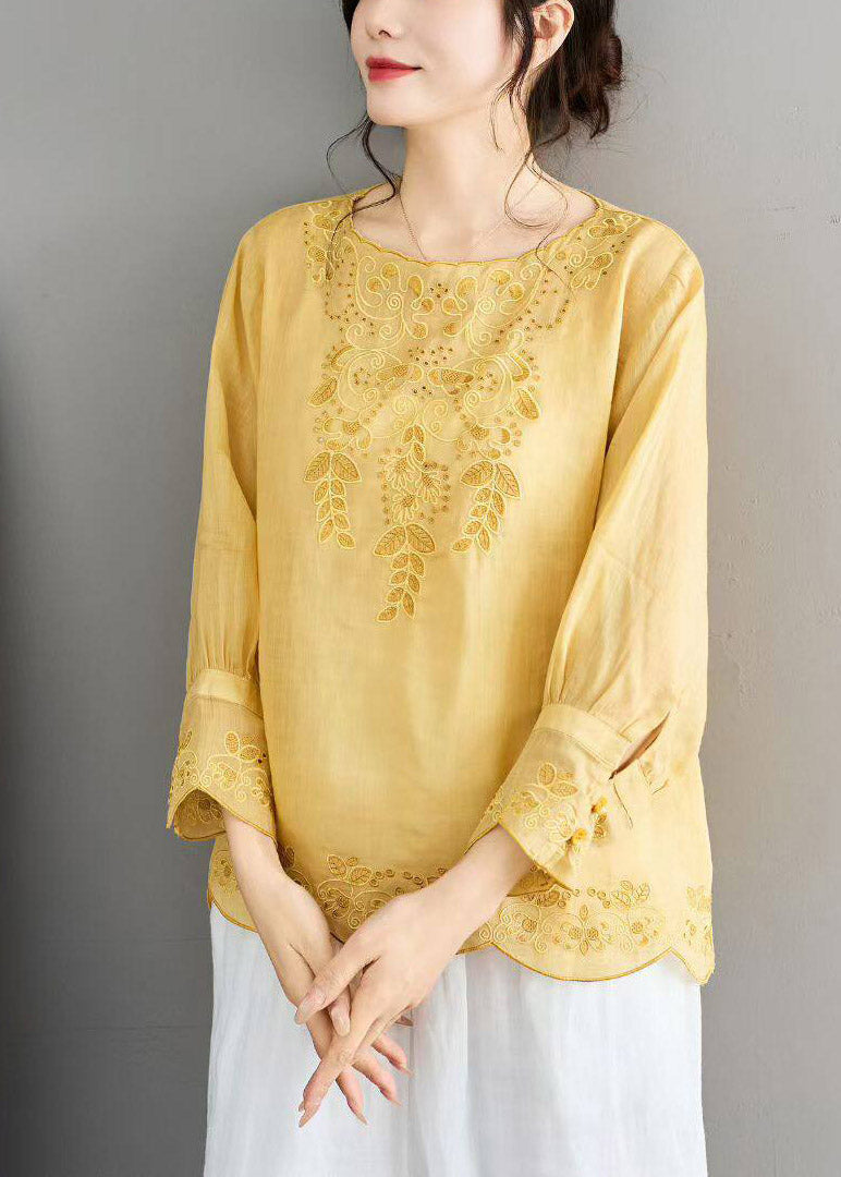Classy Pink O-neck Hollow Out Embroidered Linen Shirt Fall