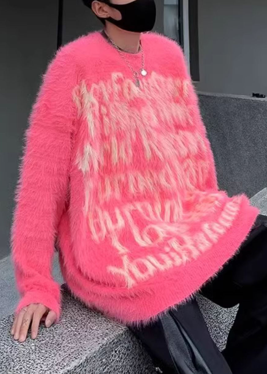 Classy Pink O Neck Letter Mink Velvet Sweater Sweater