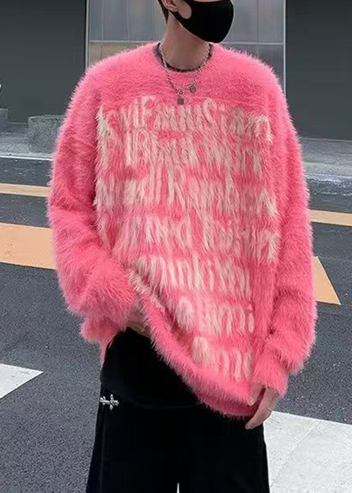Classy Pink O Neck Letter Mink Velvet Sweater Sweater