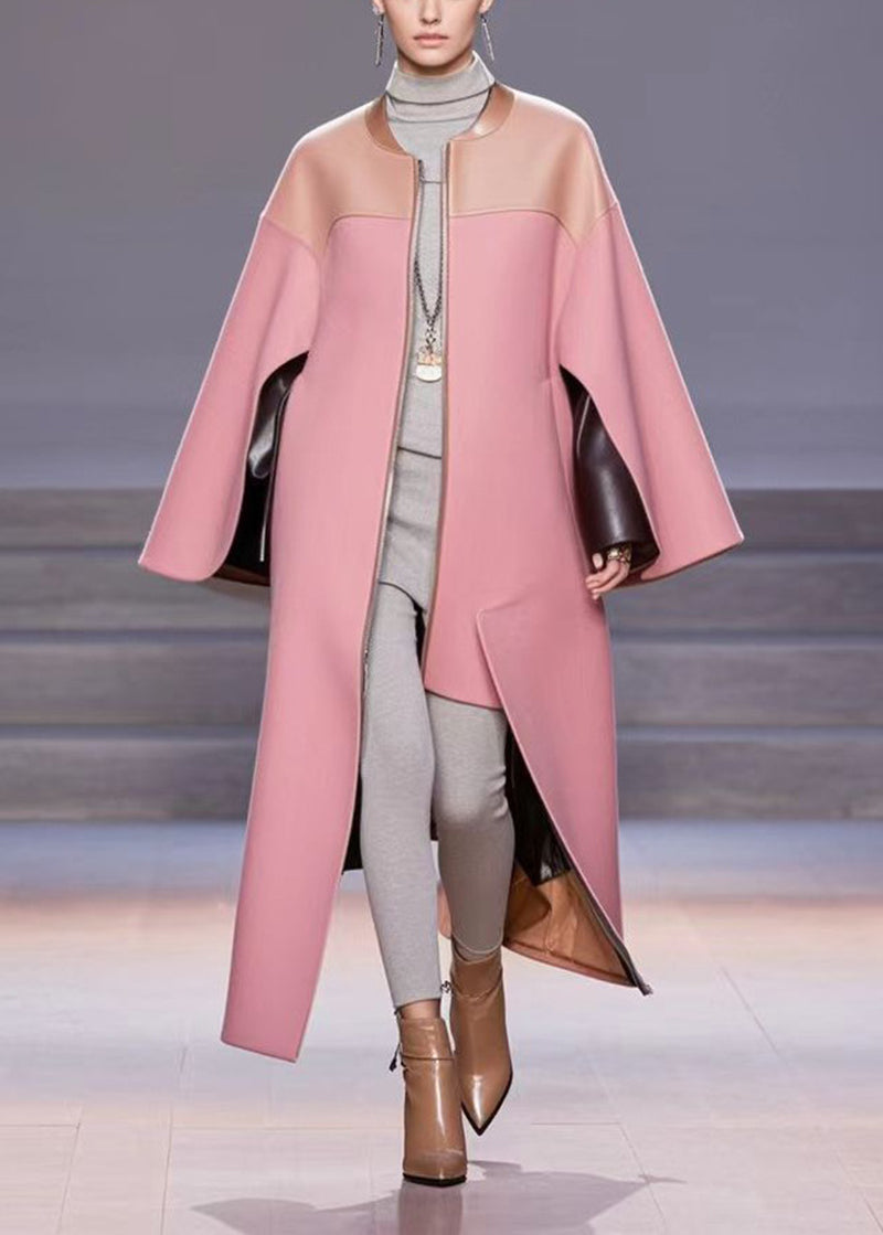 Classy Pink O-neck Patchwork Pu Woolen Trench Fall