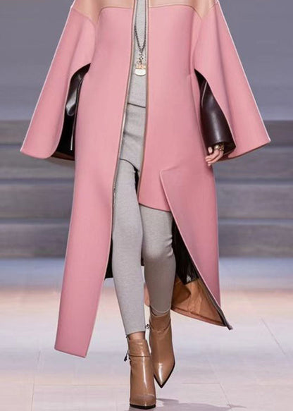 Classy Pink O-neck Patchwork Pu Woolen Trench Fall