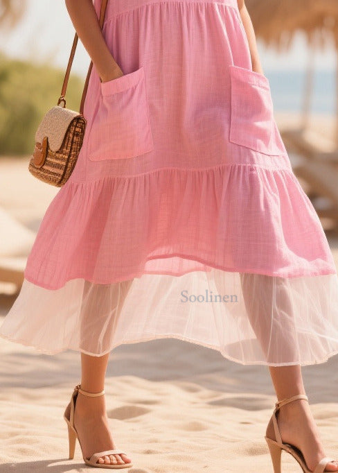 Classy Pink Oversized Patchwork Tulle Cotton Maxi Dresses Summer
