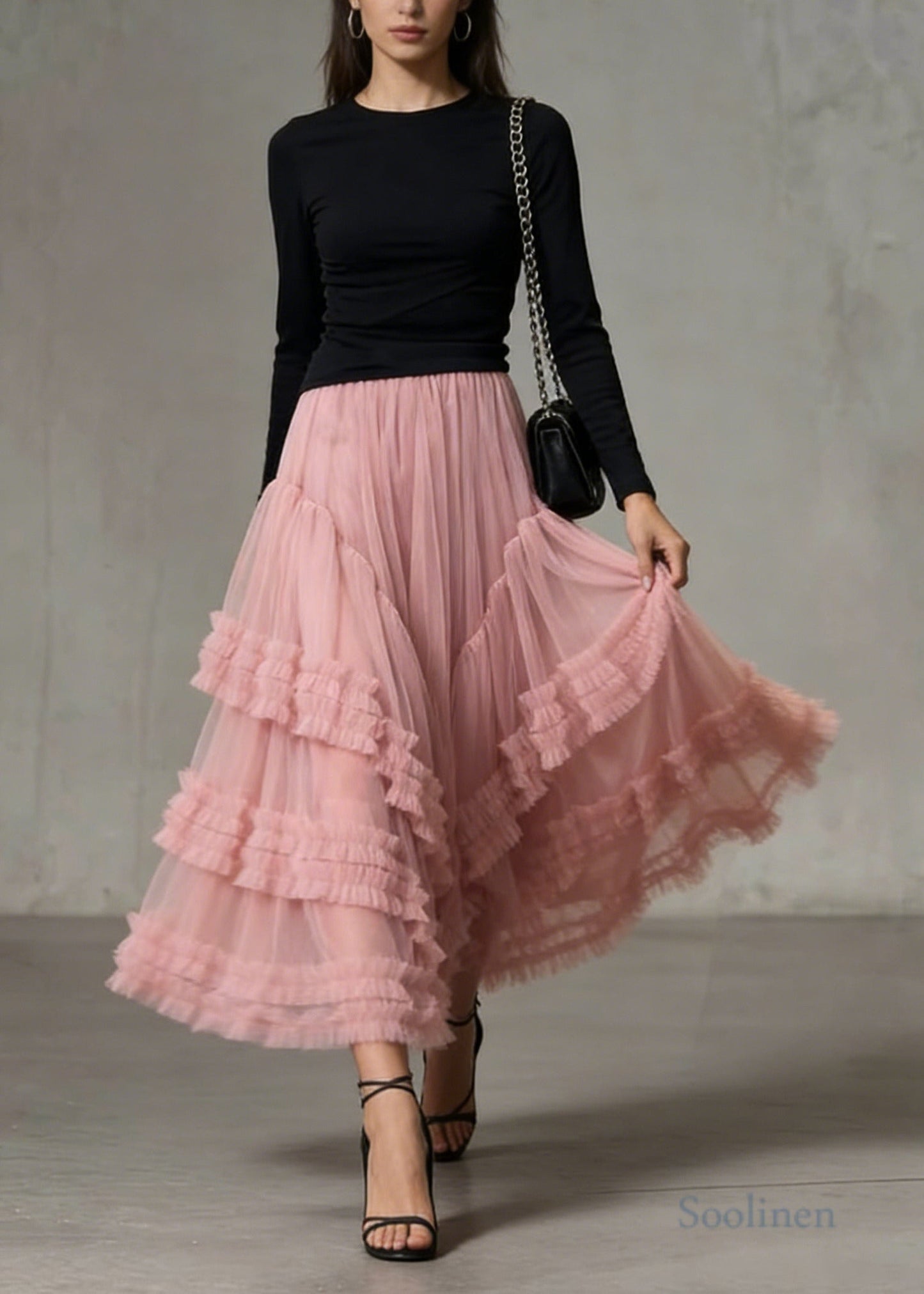 Classy Pink Ruffled Exra Large Hem Tulle Holiday Skirt Spring