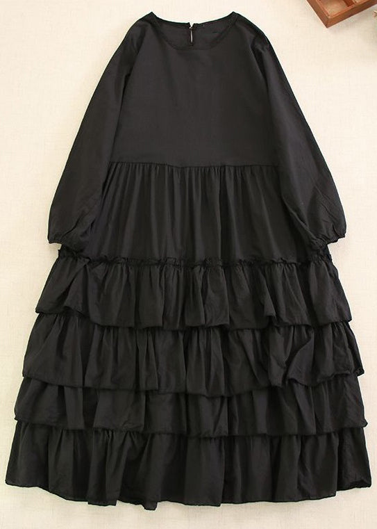 Classy Pink O-neck Ruffled Cotton Long Dress Long Sleeve