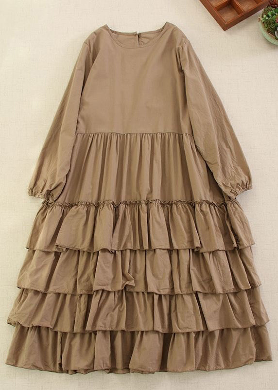 Classy Pink O-neck Ruffled Cotton Long Dress Long Sleeve