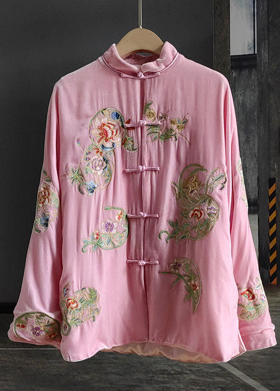 Classy Pink Stand Collar Print Patchwork Silk Velour Outwear Spring