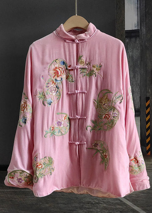 Classy Pink Stand Collar Print Patchwork Silk Velour Outwear Spring