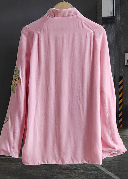 Classy Pink Stand Collar Print Patchwork Silk Velour Outwear Spring