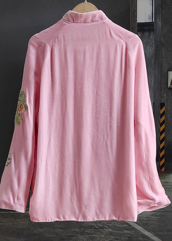 Classy Pink Stand Collar Print Patchwork Silk Velour Outwear Spring