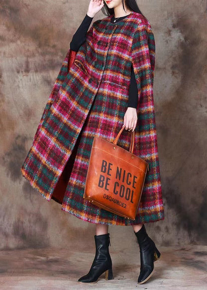 Classy Plaid O-neck Double Breast Woolen Coat Cloak Sleeves