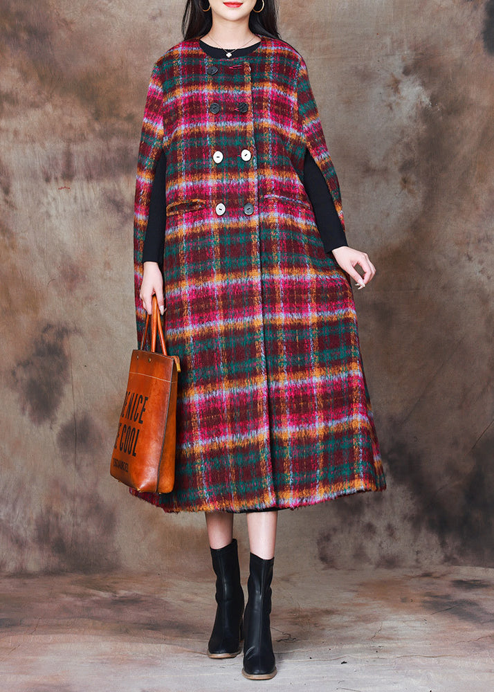 Classy Plaid O-neck Double Breast Woolen Coat Cloak Sleeves