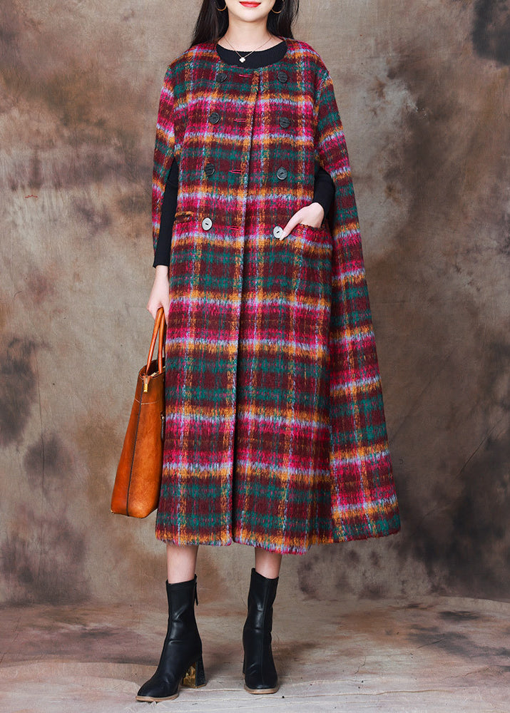 Classy Plaid O-neck Double Breast Woolen Coat Cloak Sleeves