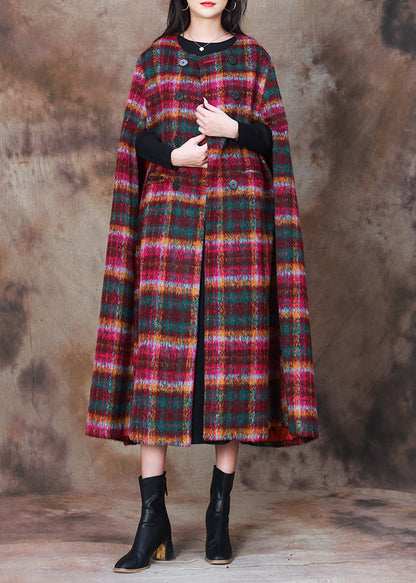 Classy Plaid O-neck Double Breast Woolen Coat Cloak Sleeves