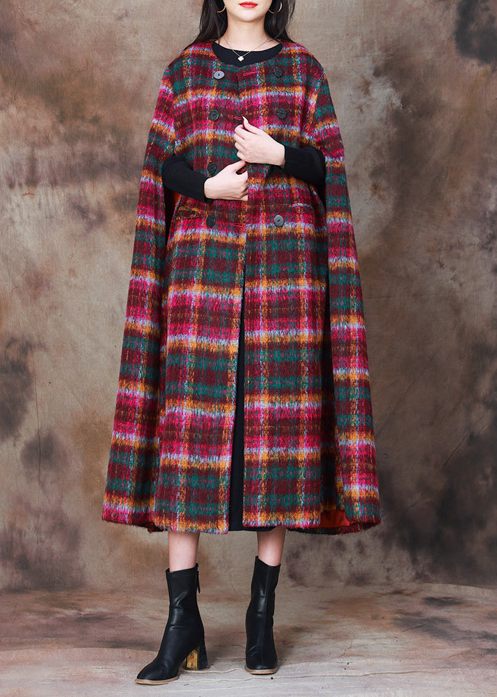 Classy Plaid O-neck Double Breast Woolen Coat Cloak Sleeves