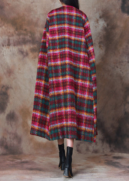 Classy Plaid O-neck Double Breast Woolen Coat Cloak Sleeves