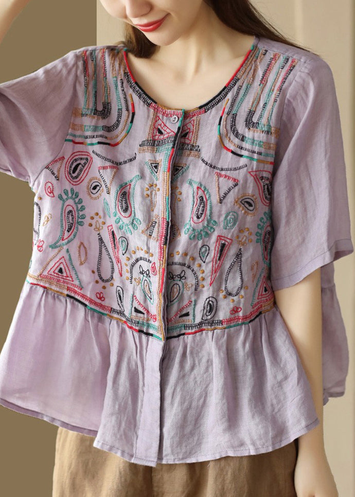 Classy Purple O-neck Embroideried Patchwork Linen Blouse Tops Summer