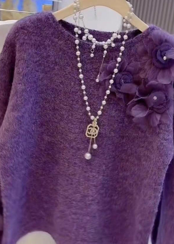 Classy Purple O Neck Knit Sweaters Spring