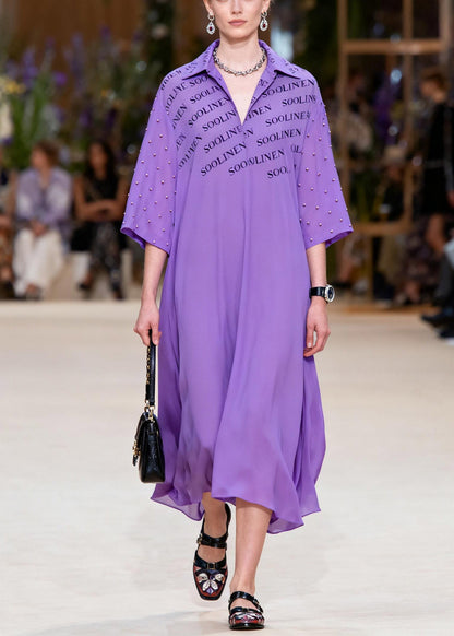 Classy Purple Peter Pan Collar Chiffon Long Dress Spring