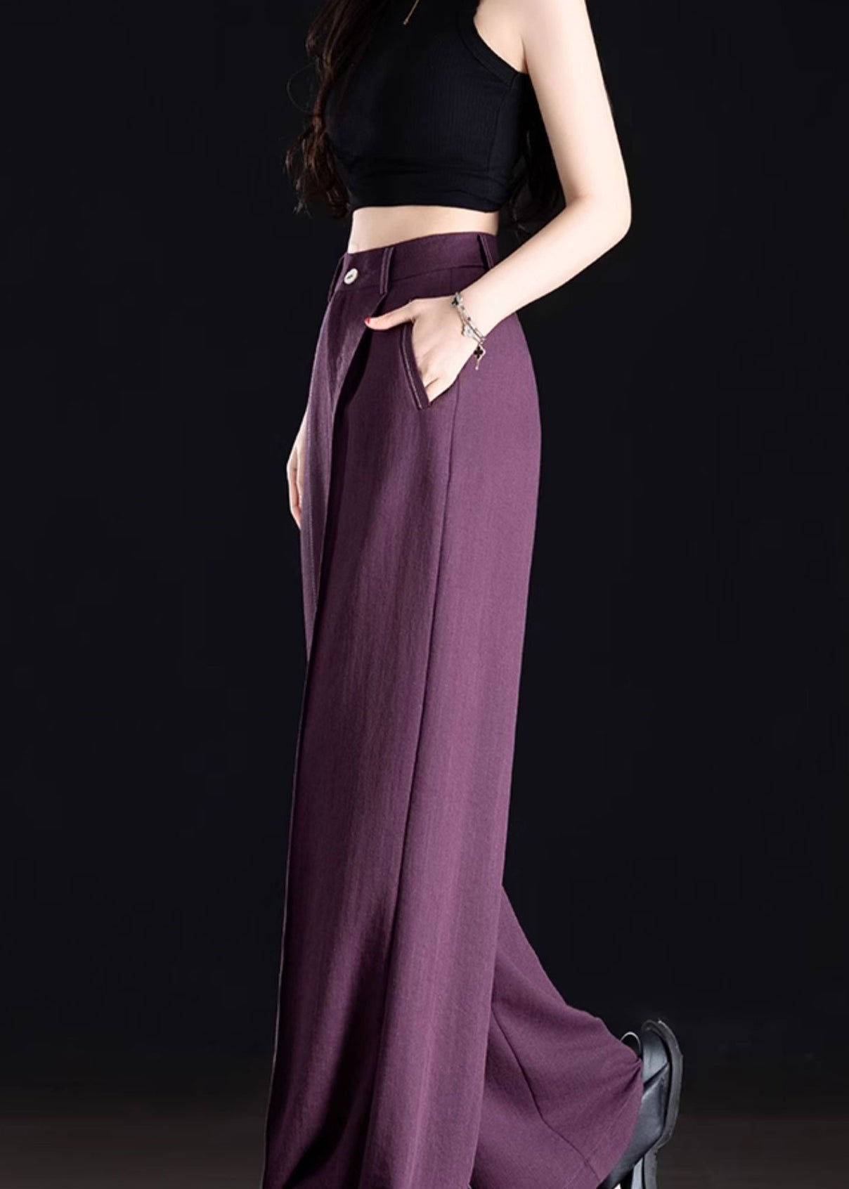 Classy Purple Pockets Patchwork Linen Straight Pants Spring