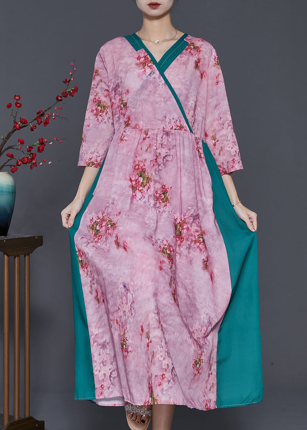 Classy Purple Print Patchwork Linen a Line Dress Spring