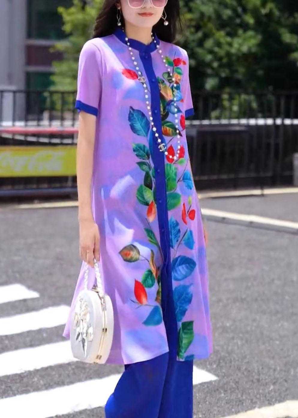 Classy Purple Stand Collar Print Button Draping Silk Long Shirts and Straight Pants Two Piece Set Short Sleeve