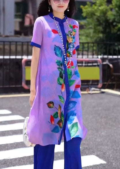 Classy Purple Stand Collar Print Button Draping Silk Long Shirts and Straight Pants Two Piece Set Short Sleeve