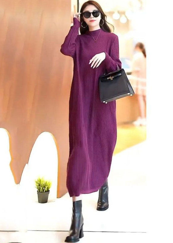 Classy Purple Stand Collar Color Knit Long Sweater Dress Spring