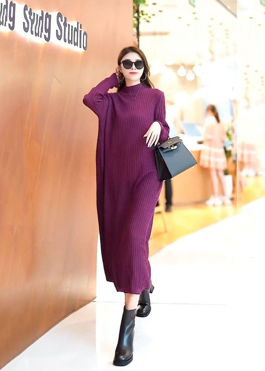 Classy Purple Stand Collar Color Knit Long Sweater Dress Spring