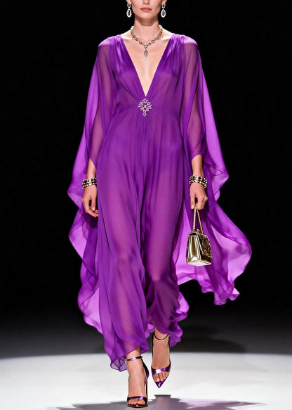 Classy Purple V Neck Chiffon Long Dress Summer