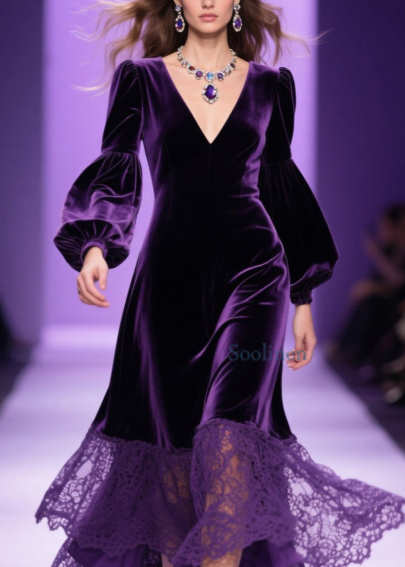 Classy Purple V Neck Lace Patchwork Velvet Dress Spring