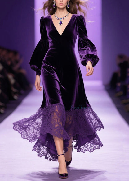 Classy Purple V Neck Lace Patchwork Velvet Dress Spring