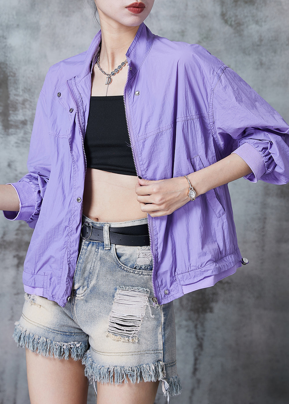 Classy Purple Zip Up Spandex Upf 50+ Jackets Summer