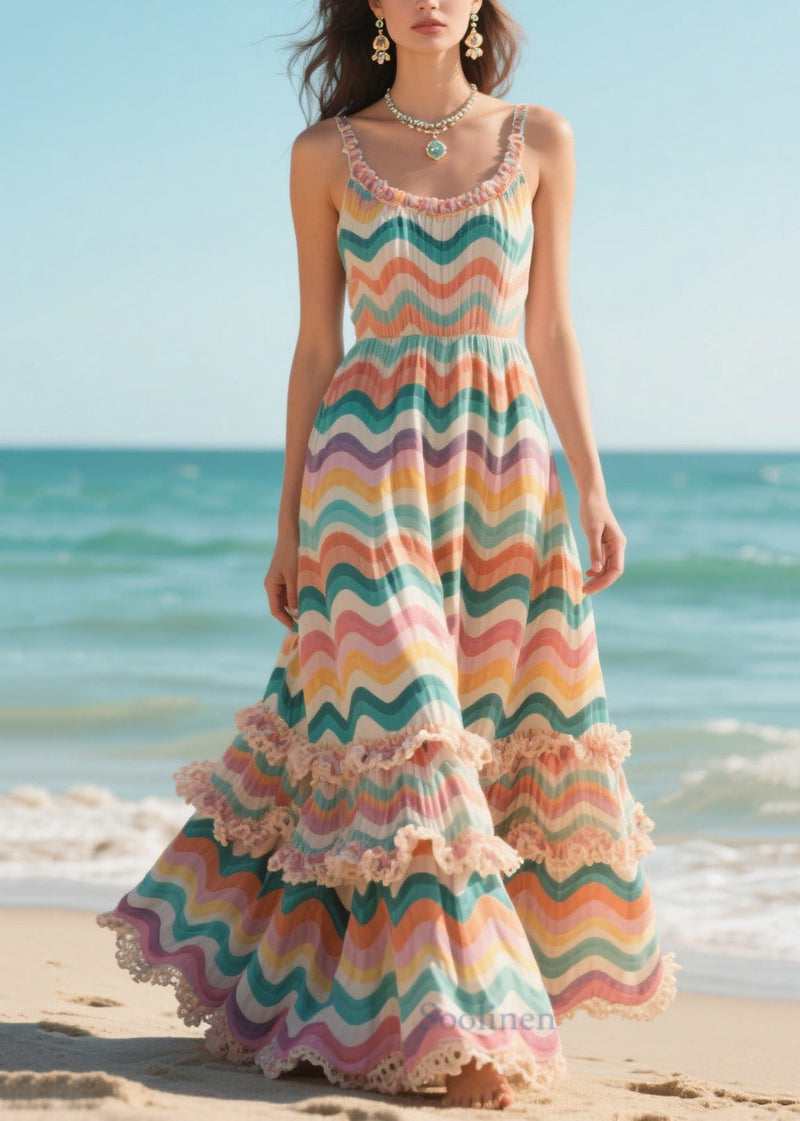 Classy Rainbow Ruffled Striped Chiffon Sun Dress Summer