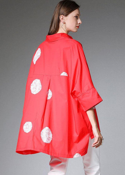 Classy Red Bat Wing Sleeve Dot Low High Design Fall Cotton Shirt Tops