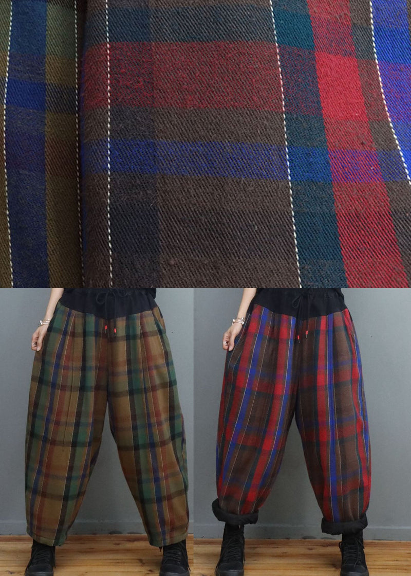 Classy Red Blue Plaid Cinched Fine Cotton Filled Pants Winter