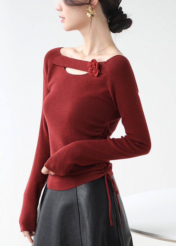 Classy Red Cinched Hollow Out Knit Shirts Winter