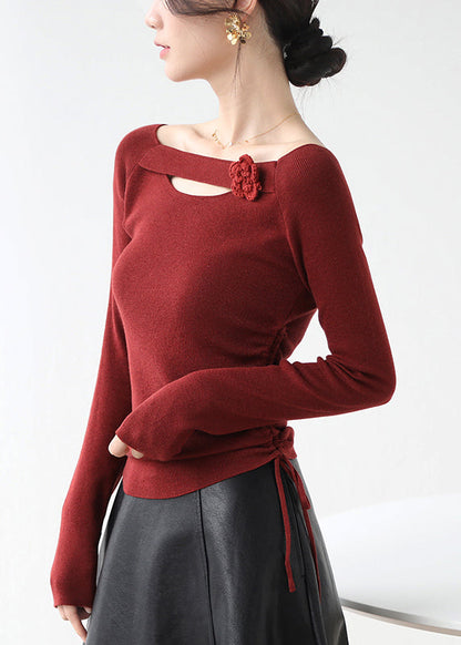 Classy Red Cinched Hollow Out Knit Shirts Winter