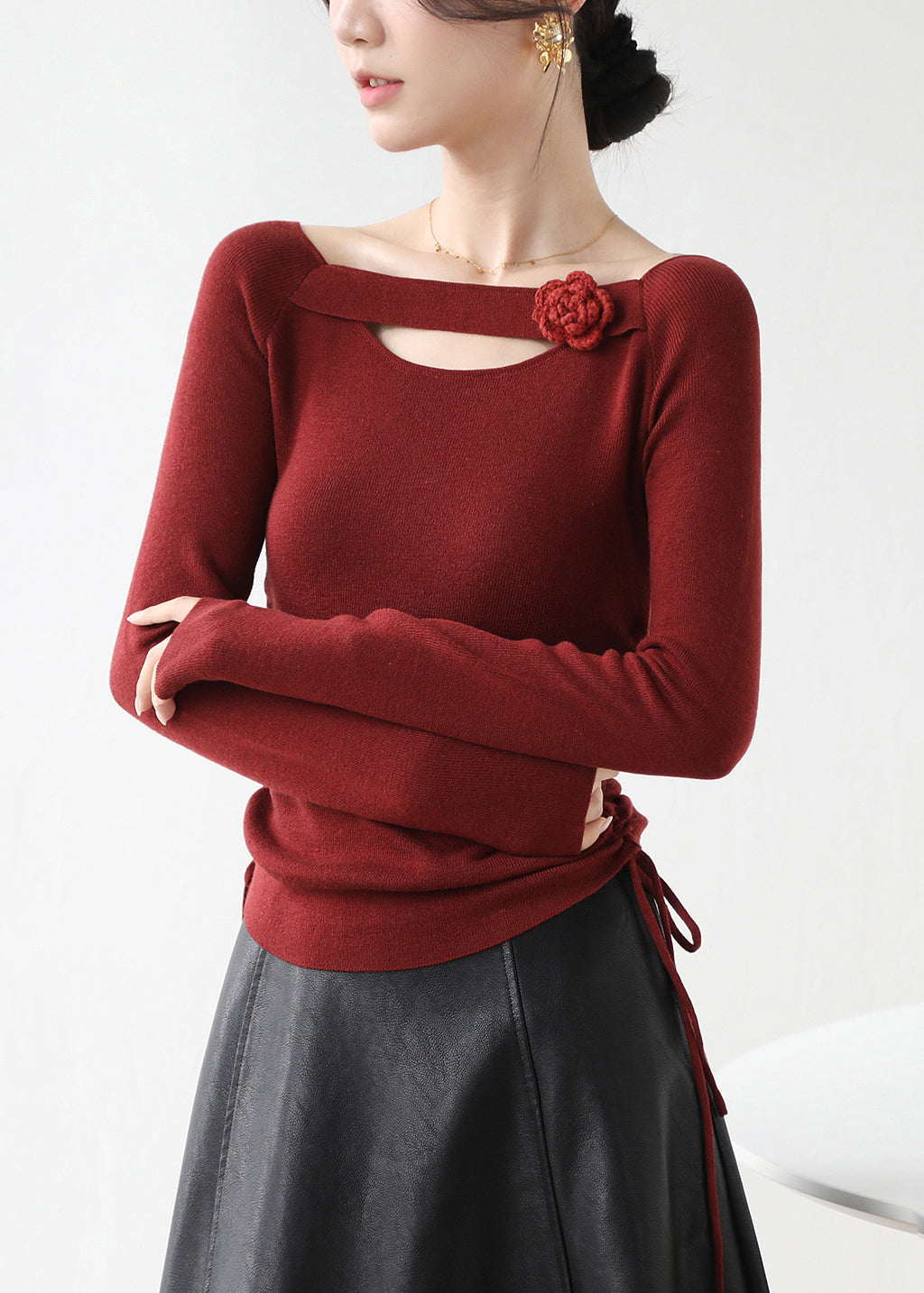 Classy Red Cinched Hollow Out Knit Shirts Winter
