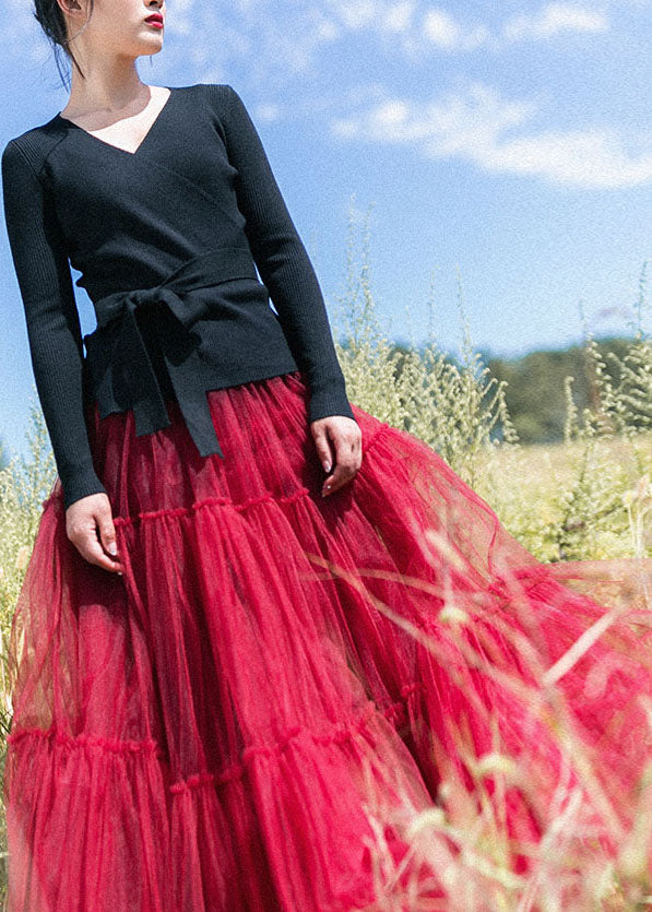 Classy Red Cinched Tulle Pleated Skirt Spring