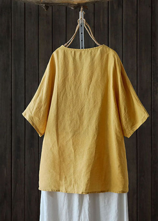 Classy Red Embroideried Low High Design V Neck Linen Shirt Top Short Sleeve