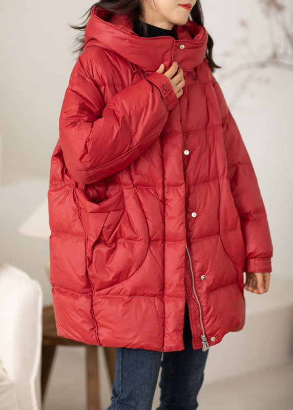 Classy Red Hooded Oversized Drawstring Cotton Blend Down Coat Winter